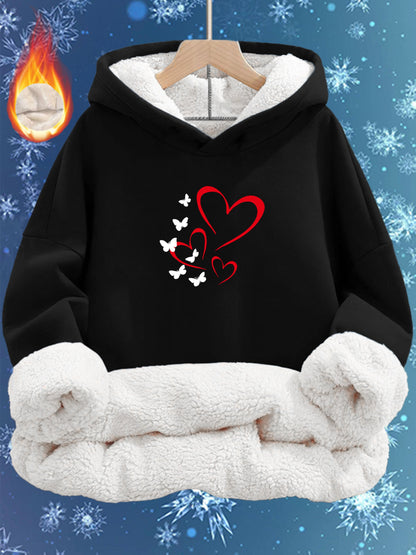 Women'S Cozy Fleece-Lined Hoodie with Heart & Butterfly Print - Long Sleeve, Warm Pullover for Fall & Winter, Machine Washable, Soft, Casual Outdoor Wear, & Camping, All-Season Comfort, Casual Winter Wear | Cozy Hoodie | Soft