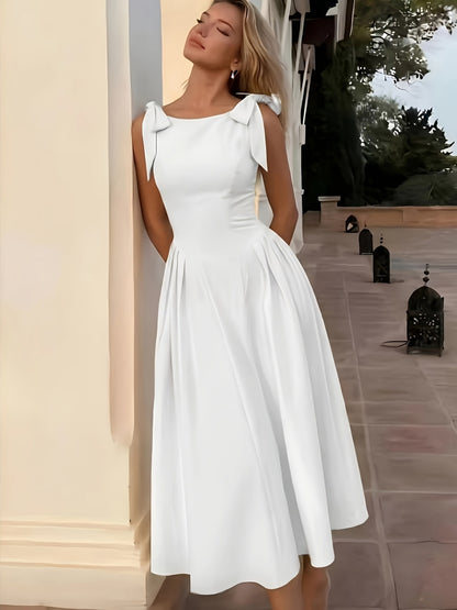 Elegant Women's Retro Fit and Flare Midi Dress with Bow Straps