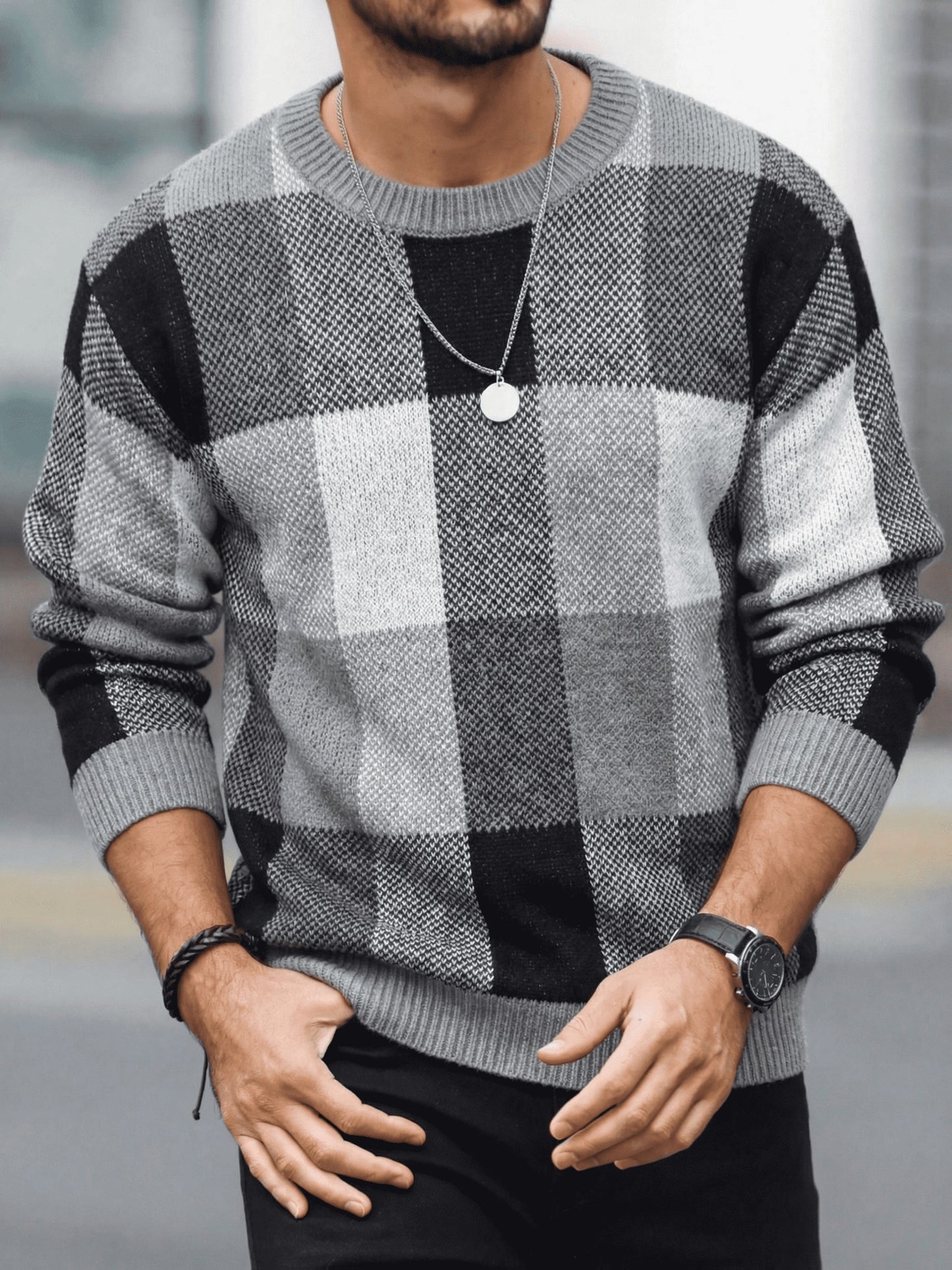 Men'S Casual Plaid Crew Neck Knit Sweater | Loose Fit, Long Sleeve, Fashionable Color Block Design, Suitable for Fall/Winter