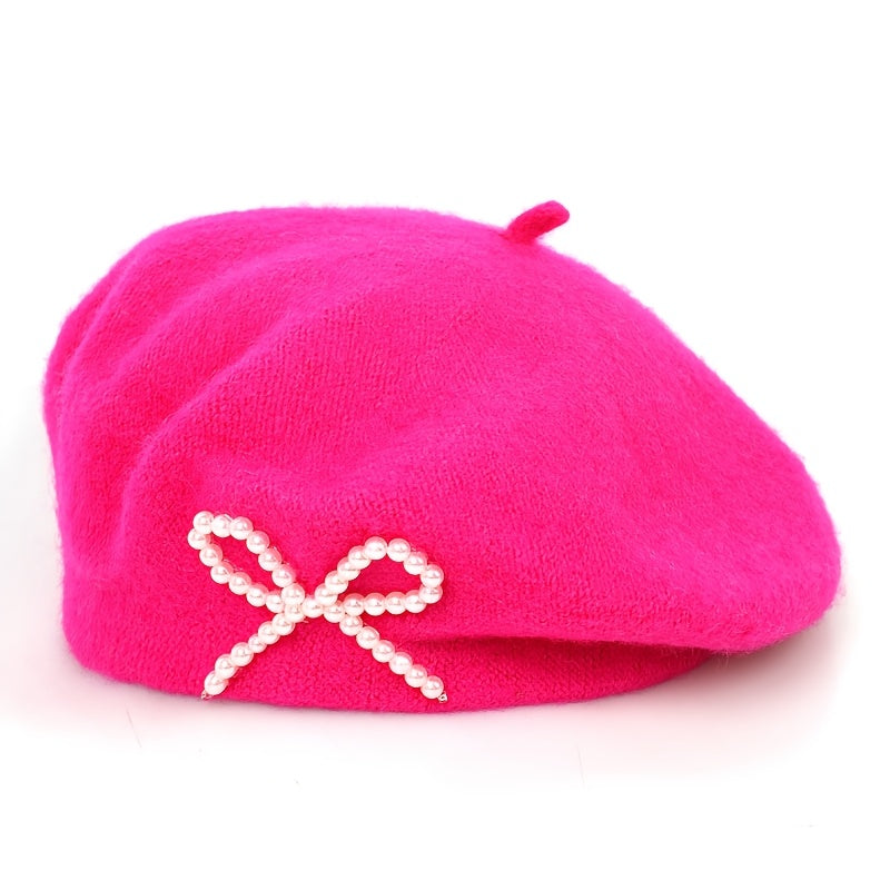1pc Women's Wool Beret with Pearl Bow - Elegant, Breathable, and Stylish in Multiple Colors (Black, Brown, Gray, Beige, Purple, Pink) for Casual Attire