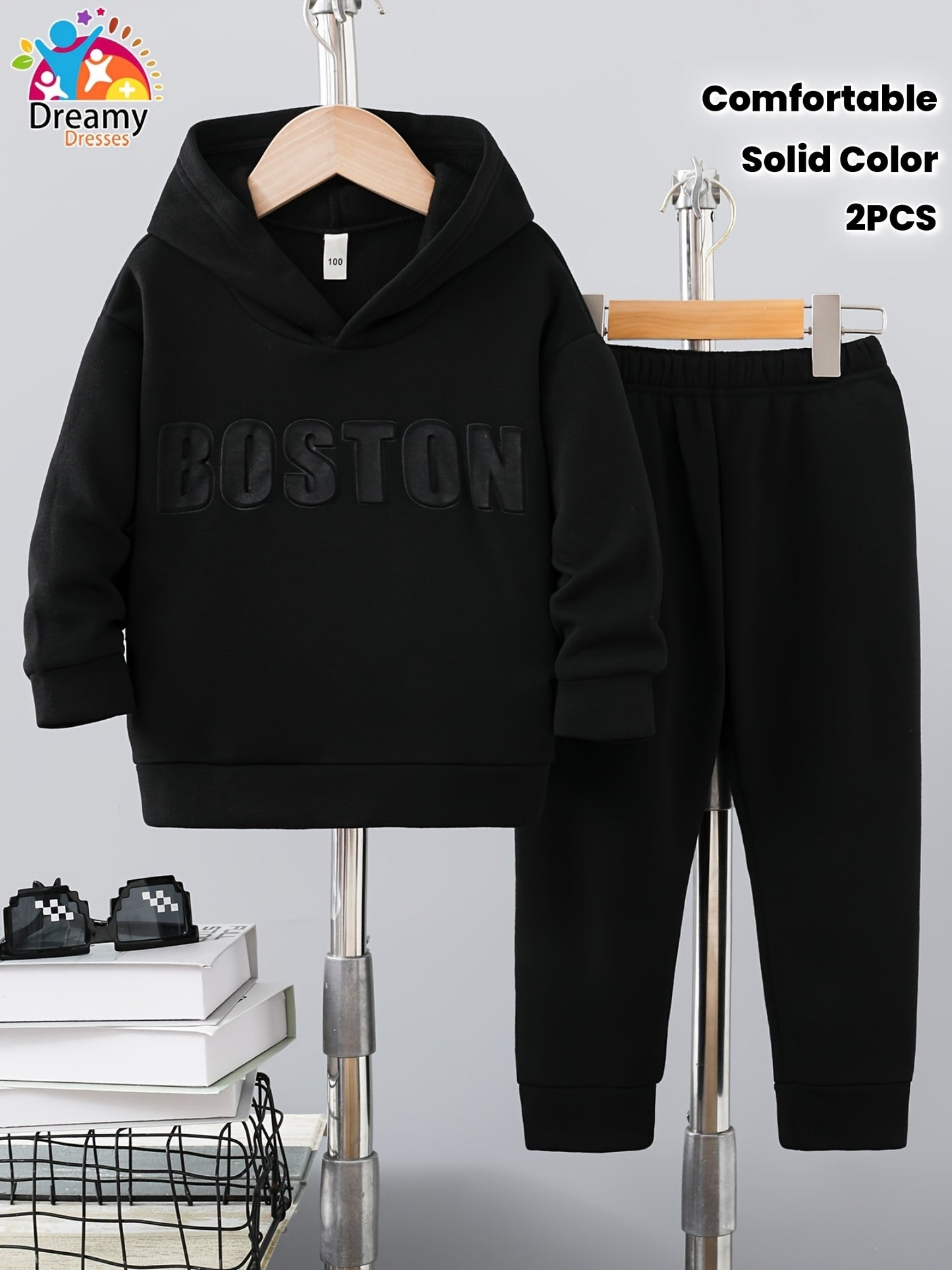 2pcs Set of 3D Embossed Letter Solid Color Thickened Hooded Sweatshirt for Autumn and Winter, Fleece-Lined Fabric with Comfortable Feel and Strong Warmth, Fashionable Versatile Unisex ' Hoodie with Round Neck Pullover, Perfec