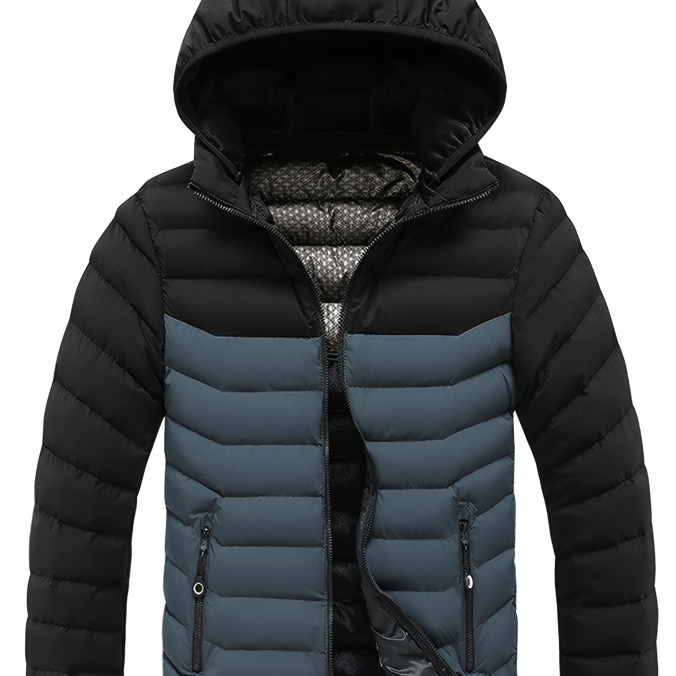 Men'S Winter Jacket with Detachable Hood - Black & Green Color Block, Zip-Up Casual Coat, Long Sleeve, Polyester Lining, Pockets, Regular Fit for Fall/Winter Outdoor Wear, Winter Coat, Fall Outerwear, Trendy Winter Jacket, Du