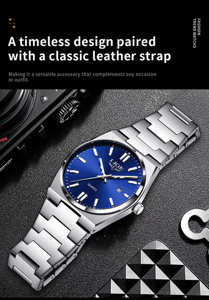 LIGE Stainless Steel Sports Watch for Men and Women - Dual Display Digital & Quartz Movement, Blue Dial, Rotating Bezel, Date Display, Metal Bracelet, Gift Box Included, Watch Accessories, LIGE
