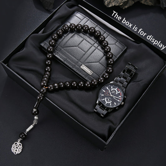3pcs Fashionable and Handsome Business Casual Men's Quartz Watch Gift Box Set + Rosary Beads + Wallet, Perfect Gifts for Father's Day, Teacher's Day, Thanksgiving