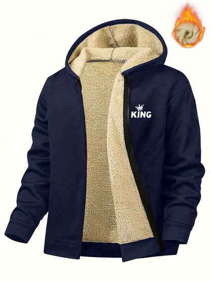 Առօրյա գլխարկով բրդյա բաճկոն «KING» նախշով, կայծակաճարմանդով, երկար թևքերով, սովորական չափսի, աշուն/ձմեռ բացօթյա սպորտաձևերի համար նախատեսված վերարկու, առօրյա վերարկու, դեռահասի համար, դեռահասի համար, դեռահասի համար