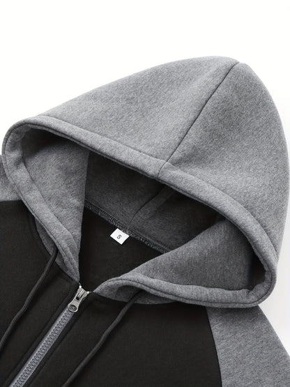 Men's Casual Sports Hoodie Two-Piece Set Four Seasons Color-Matching Zipper Drawstring Waist Jogging Suit - ayq