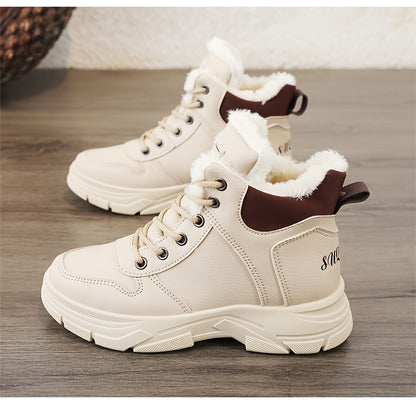 Women's Insulated Winter Boots with Plush Collar & Thick Sole - White Faux Cover Round-Toe Lace-Up Ankle Boots, Cushioned Insole & Arch Support, Warm TPU Outsole for Cold Weather, Casual to Semi-Formal Outfits