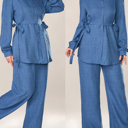 Stylish and Elegant Casual Two-Piece Women's Outfit with Side Tie Single-Breasted Shirt and Wide-Leg Pants for Office Wear