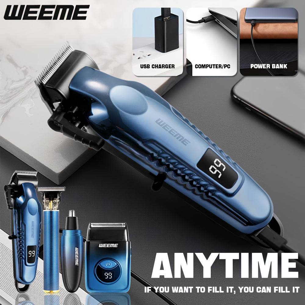WEEME 4pcs Hair Clipper Set, Men’s Electric Shaver with Nose Trimmer and Razor – Rechargeable Grooming Kit for DIY Hairstyling & Barber Accessories (Perfect Gift for Husband or Dad) - ayq