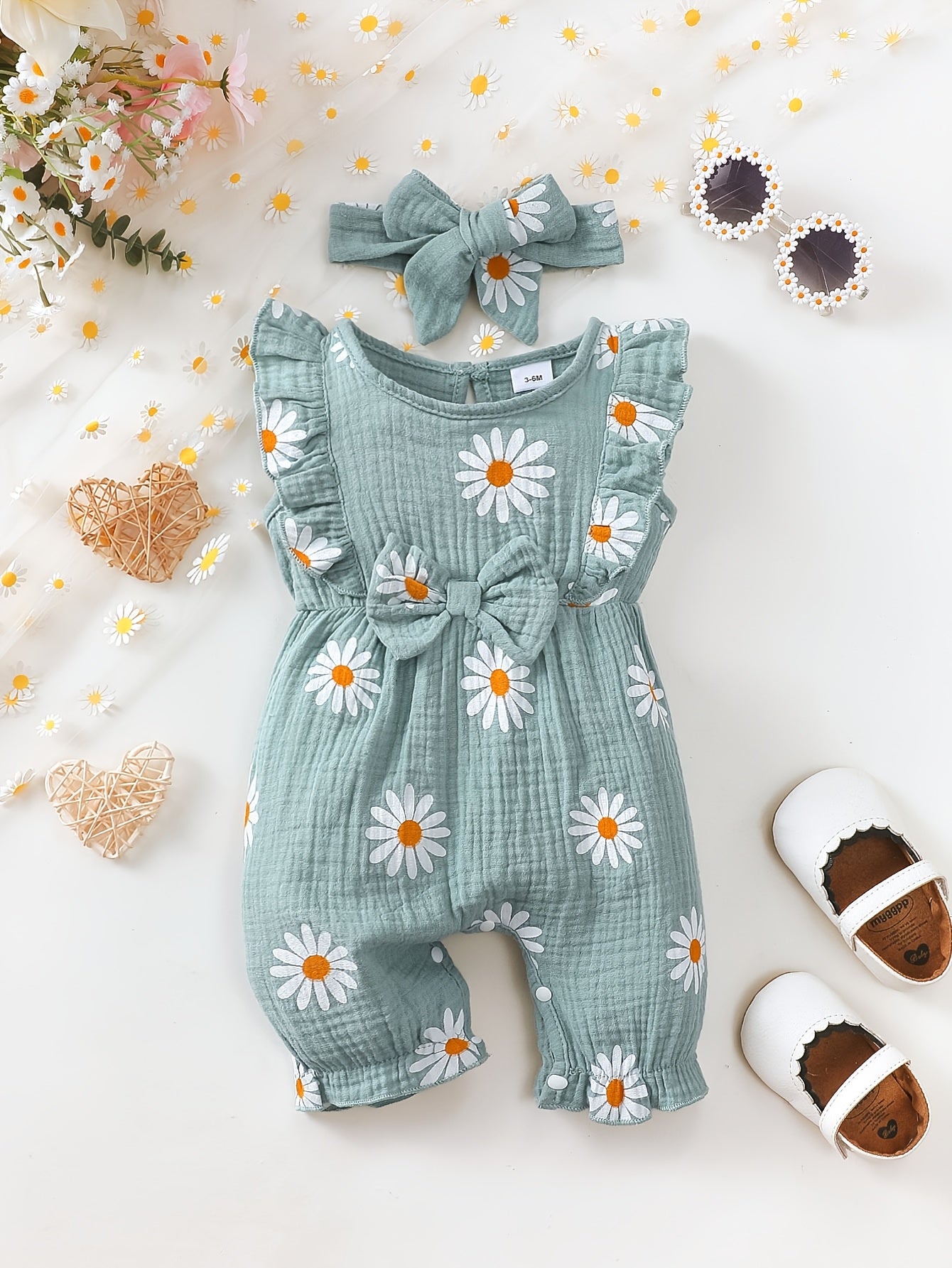Baby Girl Summer Romper with Floral Print, Lace & Bow Set