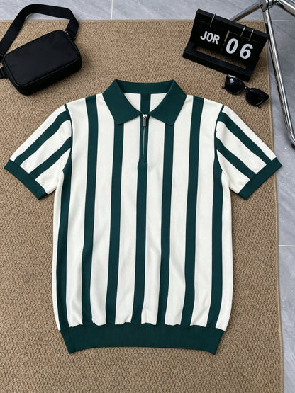 Men's Slim Fit Vertical Stripe Knit Polo with Half-Zip Collar