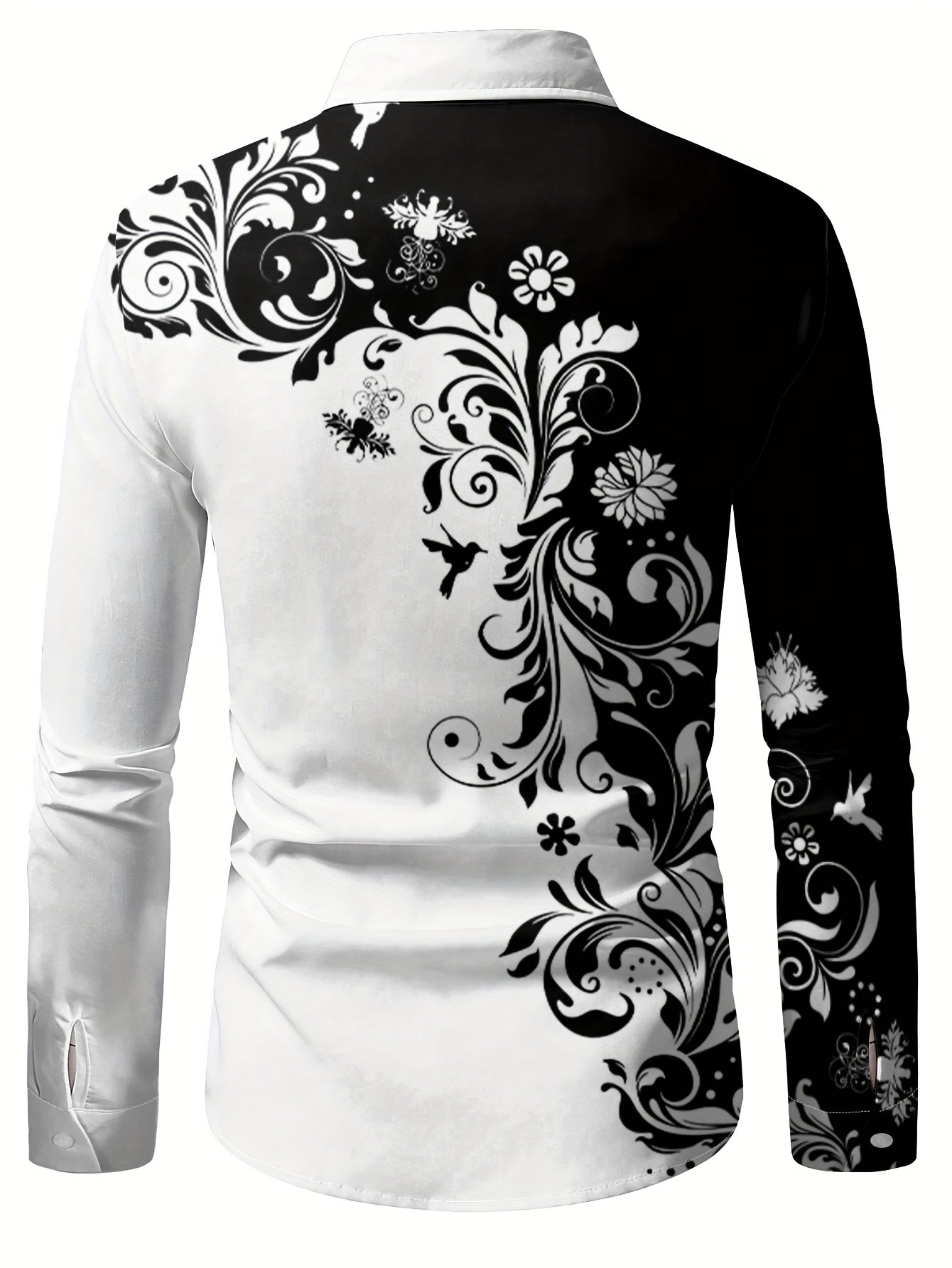 Men'S Casual Floral Print Dress Shirt - Black & White Swirl Design, Button-Up Collar, Long Sleeve, Regular Fit for Spring/Fall, Versatile for Casual & Formal Wear, Spring Fashion, Nonelastic Fabric, Elegant Shirt For Men, Lon