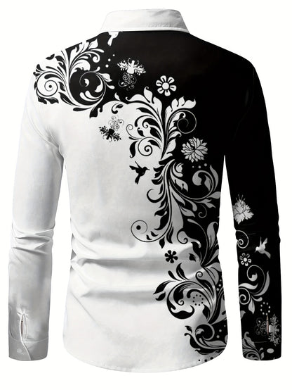 Men'S Casual Floral Print Dress Shirt - Black & White Swirl Design, Button-Up Collar, Long Sleeve, Regular Fit for Spring/Fall, Versatile for Casual & Formal Wear, Spring Fashion, Nonelastic Fabric, Elegant Shirt For Men, Lon
