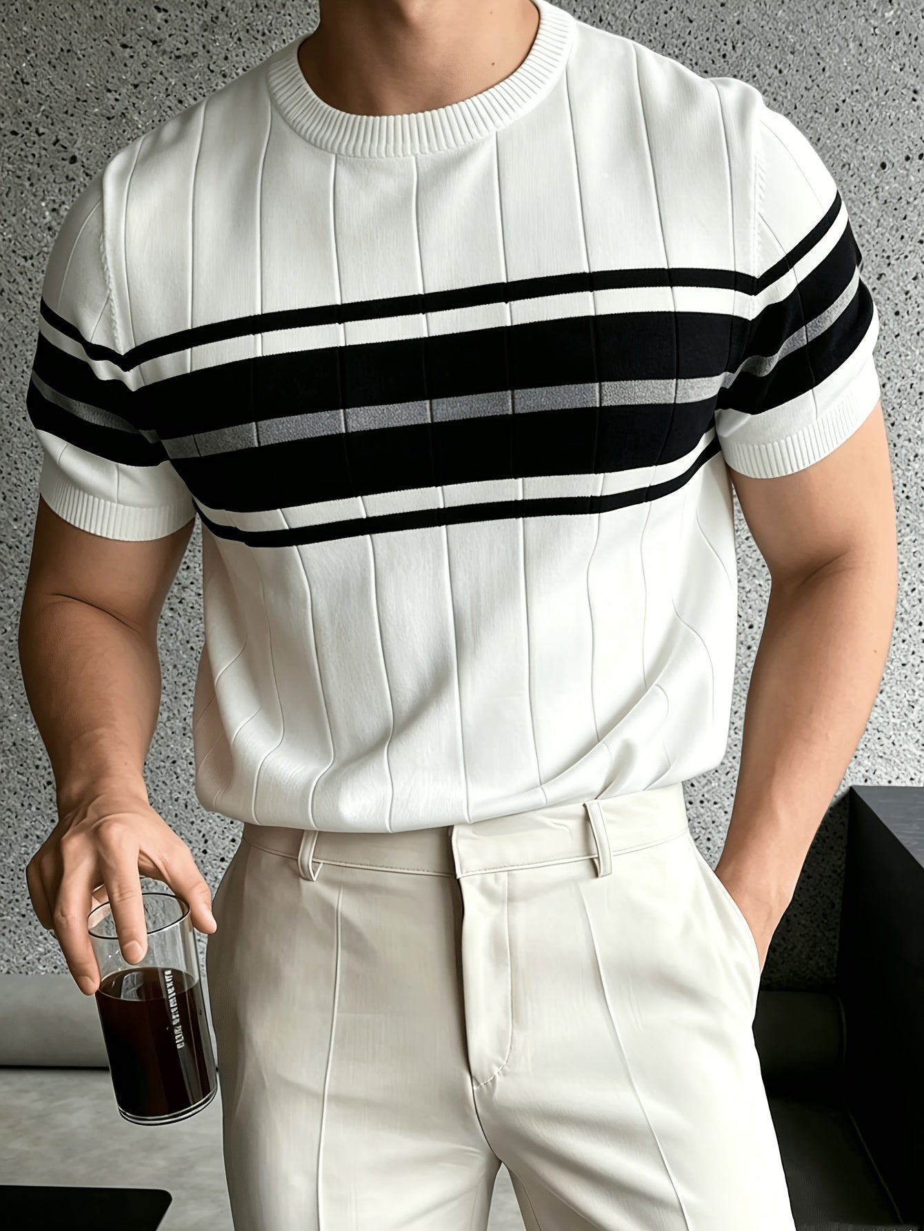 Men's Color Block Knit Pullover Short Sleeve Crew Neck