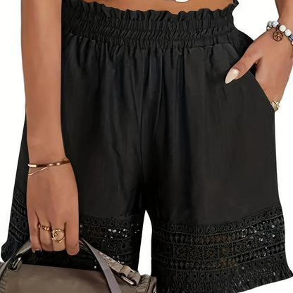Solid Tassel Hem Loose Shorts, Vacation Paper Bag Waist Summer Shorts, Women's Clothing