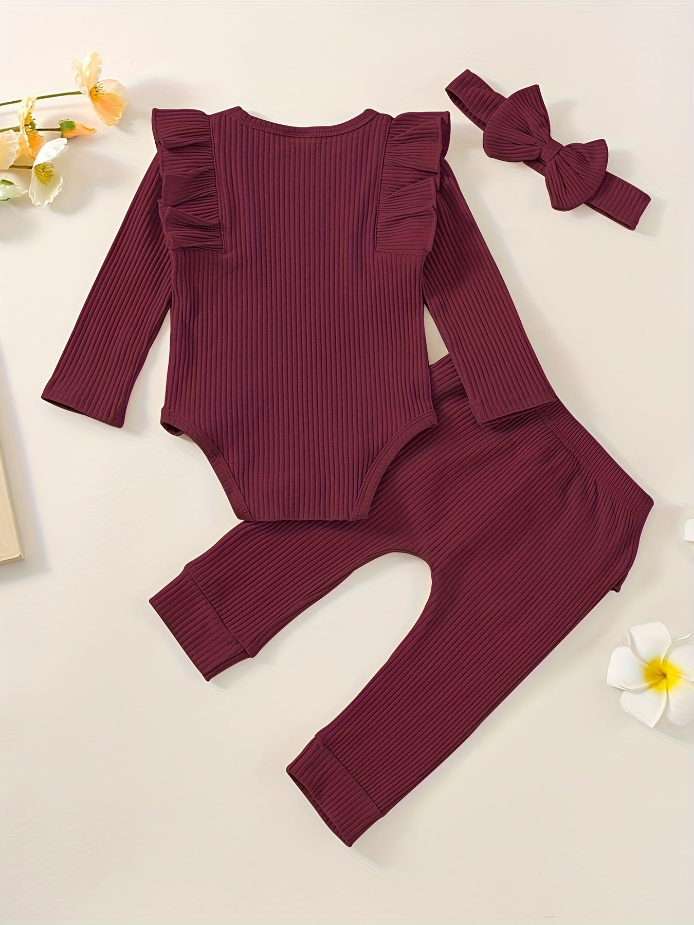 3pcs Baby Girl Outfit Set, Cute Ribbed Ruffle Long Sleeve Romper & Pants, 95% Cotton 5% Spandex, Crew Neck Pullovers, Solid Color, Regular Fit, No Belt, Fall/Winter Knit Fabric, 0-18 Months, for Outdoor