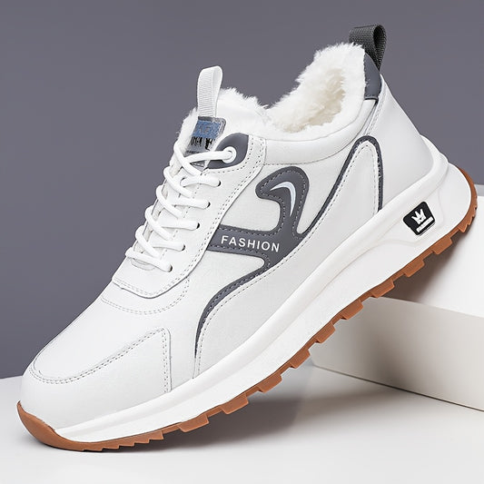 Men's Winter Non-Slip Sneakers - All-Season Traction Shoes with Thick Cushioned Rubber Sole, Slip-Resistant Grip, PU Upper & EVA Insole - Low-Top Sneakers for Hiking, Gym, Everyday - White & Gray Accents - Ideal Cold Weather