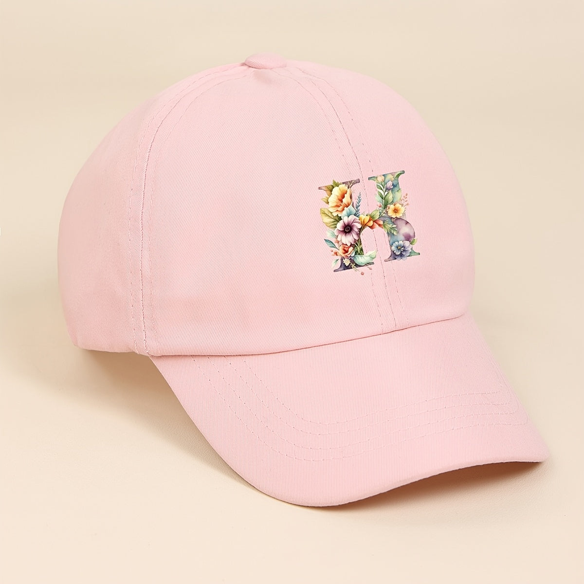Adjustable Pink Baseball Cap for Kids with Floral Alphabet Design