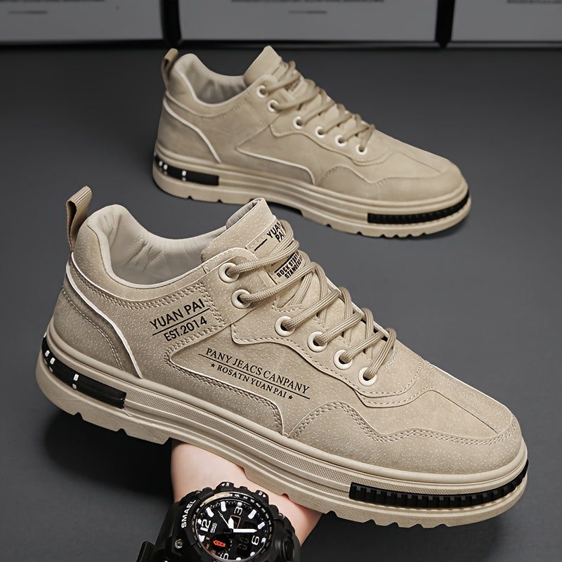 Men's Skate Shoes - Versatile Beige Casual Streetwear Sneakers, Durable Non-Slip PU Sole, Lace-Up Low-Top for Everyday & Outdoor Activities