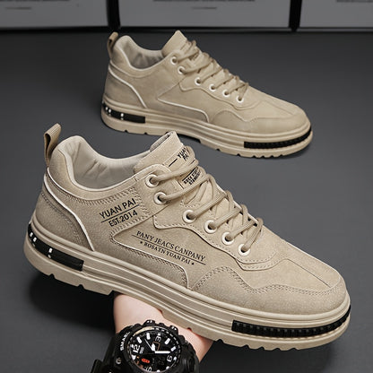 Men's Skate Shoes - Versatile Beige Casual Streetwear Sneakers, Durable Non-Slip PU Sole, Lace-Up Low-Top for Everyday & Outdoor Activities