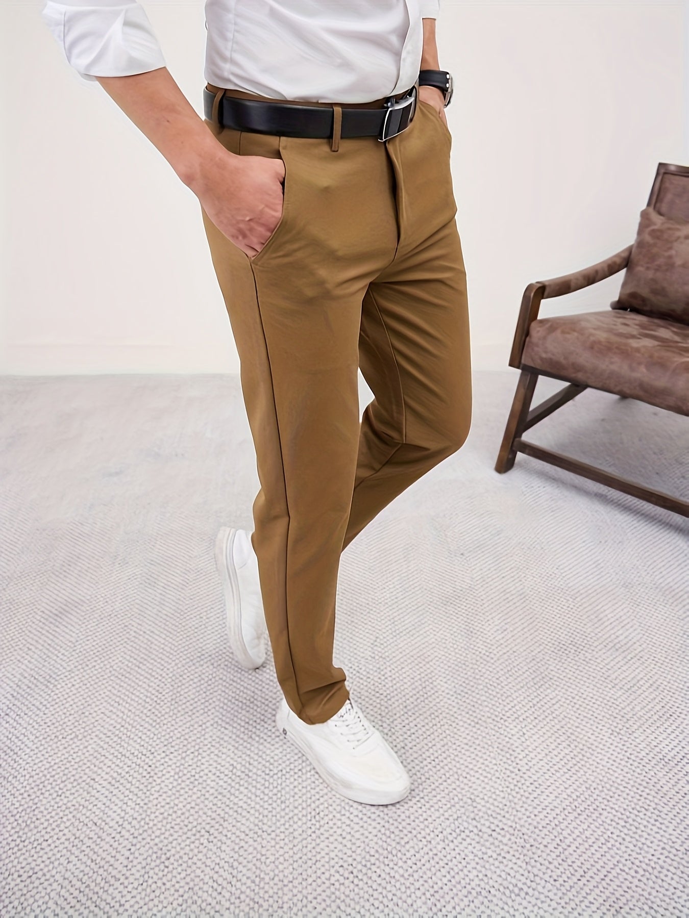 Men'S Casual Solid Color Regular Length Slight Stretch Woven Fabric Pants for Adult