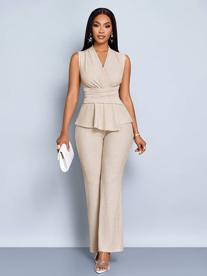 Women's Elegant Solid Color Textured Cross V-Neck Pleated Waist Top and Slim Fit Elastic Waist Straight Pants 2pcs Set