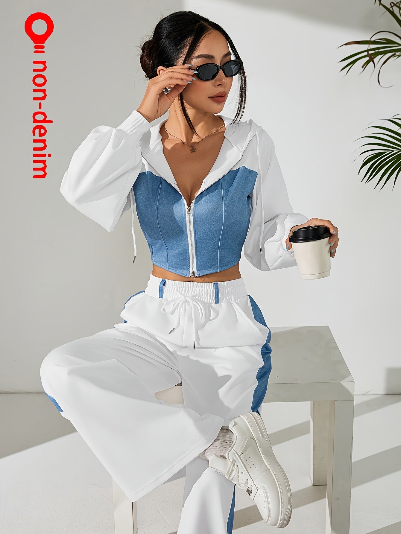 Women's Elegant Hooded Two-Piece Suit with Color Block Pants