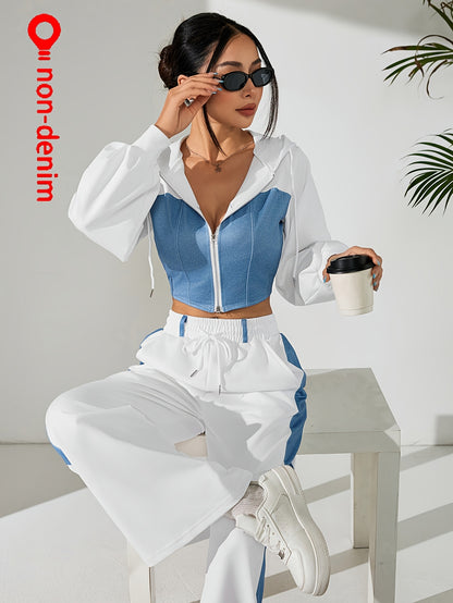 Women's Elegant Hooded Two-Piece Suit with Color Block Pants