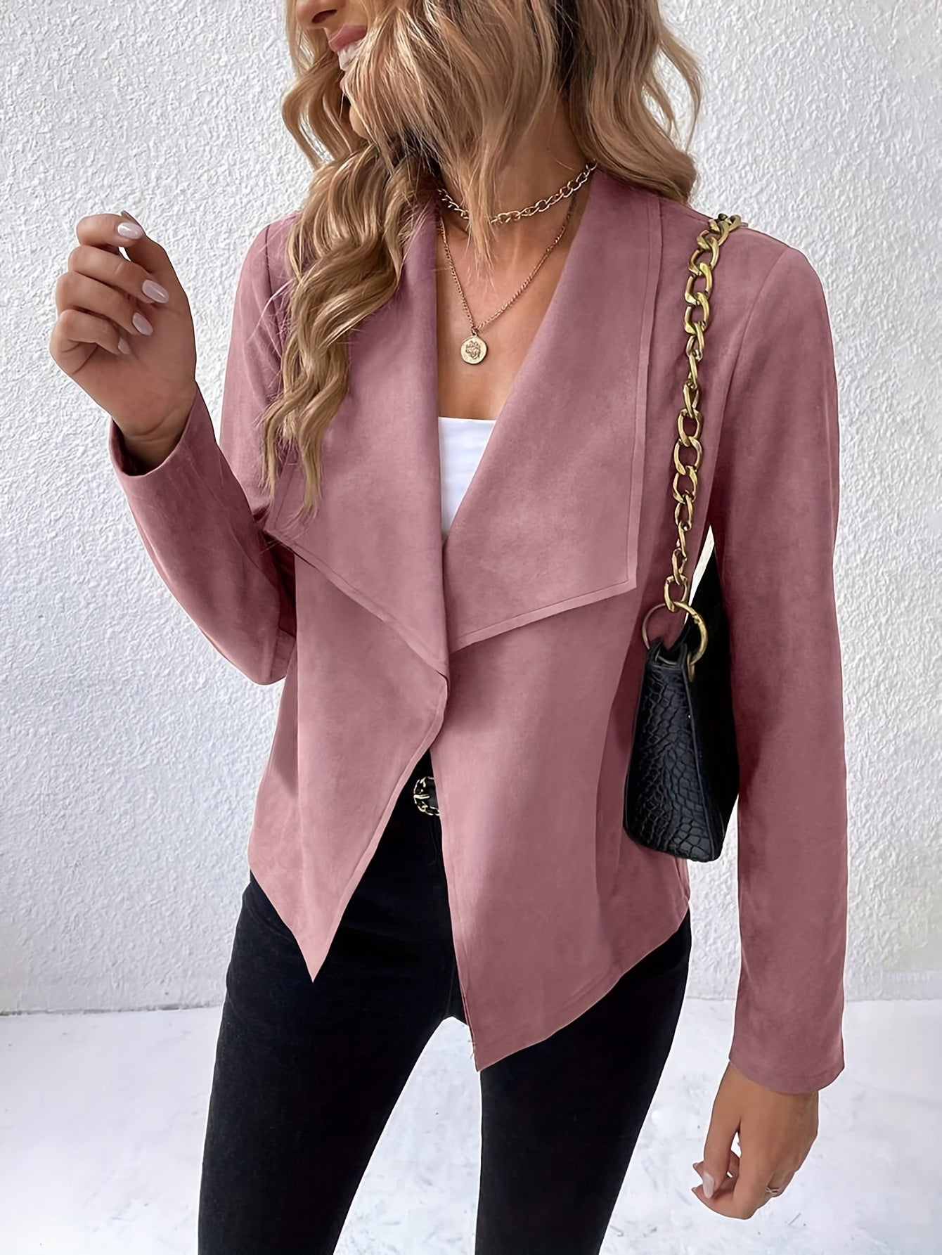 Մեծ չափսի, ձիթապտղի կանաչ արհեստական ​​մորթուց պատրաստված բլեյզեր՝ ձգվող պոլիեսթերից պատրաստված առօրյա բաճկոն՝ ոսկեգույն շղթայով ուսի պայուսակով, լվացքի մեքենայով լվացվող աշնանային/ձմեռային վերնազգեստ կանանց համար