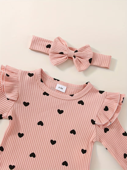 3pcs Baby Girl Outfit Set, Cute Ribbed Ruffle Long Sleeve Romper & Pants, 95% Cotton 5% Spandex, Crew Neck Pullovers, Solid Color, Regular Fit, No Belt, Fall/Winter Knit Fabric, 0-18 Months, for Outdoor
