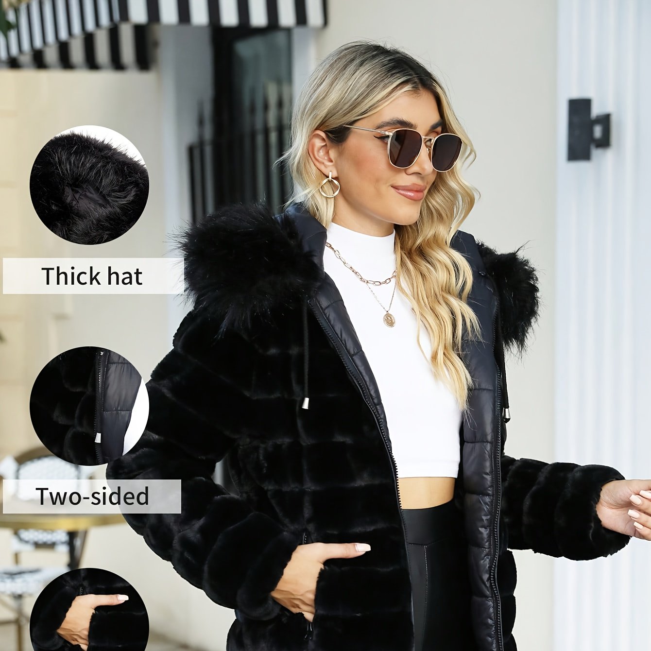 Women'S Heavyweight Winter Coat - Dual-Sided Reversible Jacket with Full-Zip Front, Hooded Collar, Two-Way Zipper Closure - Warm Outerwear for Cold Weather, Office, Travel - Elegant Brown Coat (Size & Wash Label in Pocket), L