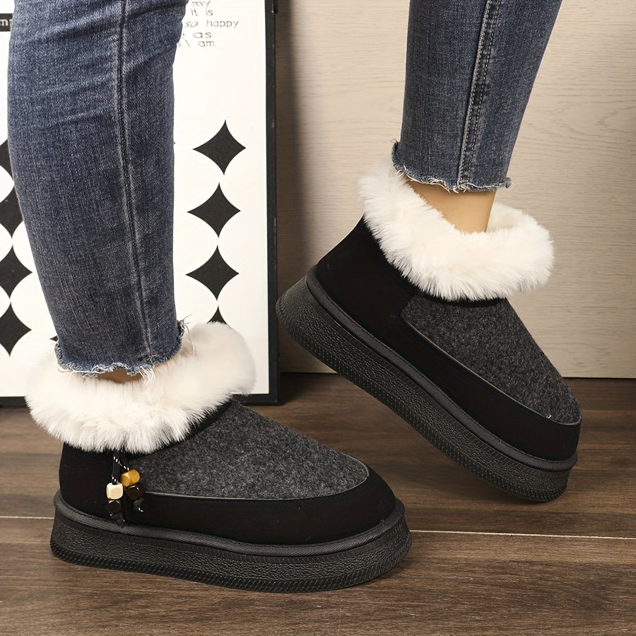 Կանացի հաստ պլատֆորմով ձմեռային ձնագնացներ փափուկ արհեստական մորթյա օձիքով և հաստ ռետինե ներբանով - բեժ/մուգ մոխրագույն կլոր քթով, սառույցի, ձյան, ցեխի համար նախատեսված ճկունությամբ - հարմարավետ ամենօրյա և պաշտոնական հագուստի համար (ոսկեգույն ճարմանդով)