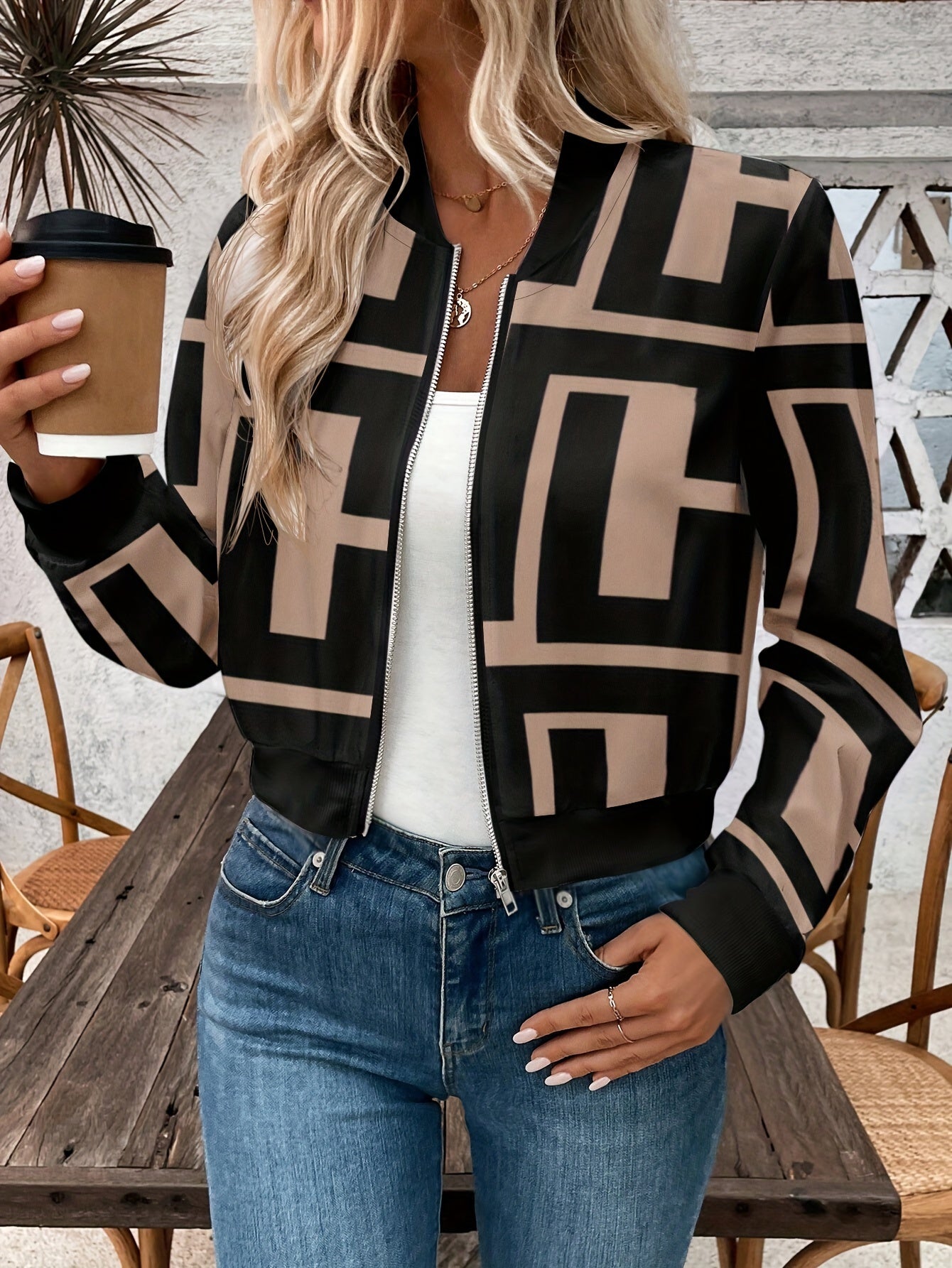 Women's Lightweight Geometric Print Zip-Up Bomber Jacket - Casual Long Sleeve, Machine Washable