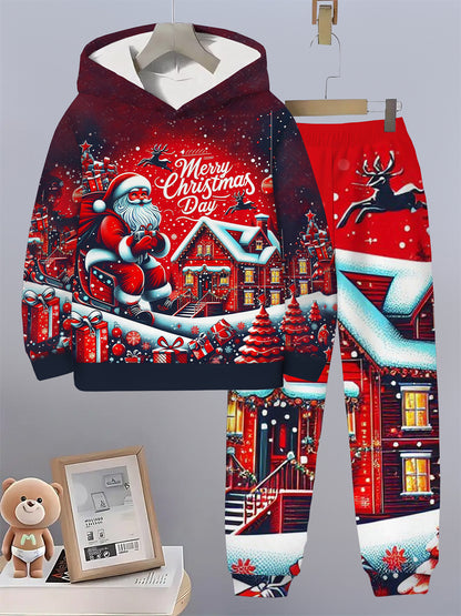 2pcs Boys' Christmas Sweatsuit Set with 3D Santa & Reindeer Print Hooded Sweatshirt & Matching Pants - Red/Green Winter Outfit, Snowflake Patterns, Cozy Casual Wear for /Kids Holiday Party (Hand Washable), Perfect for Outdoor