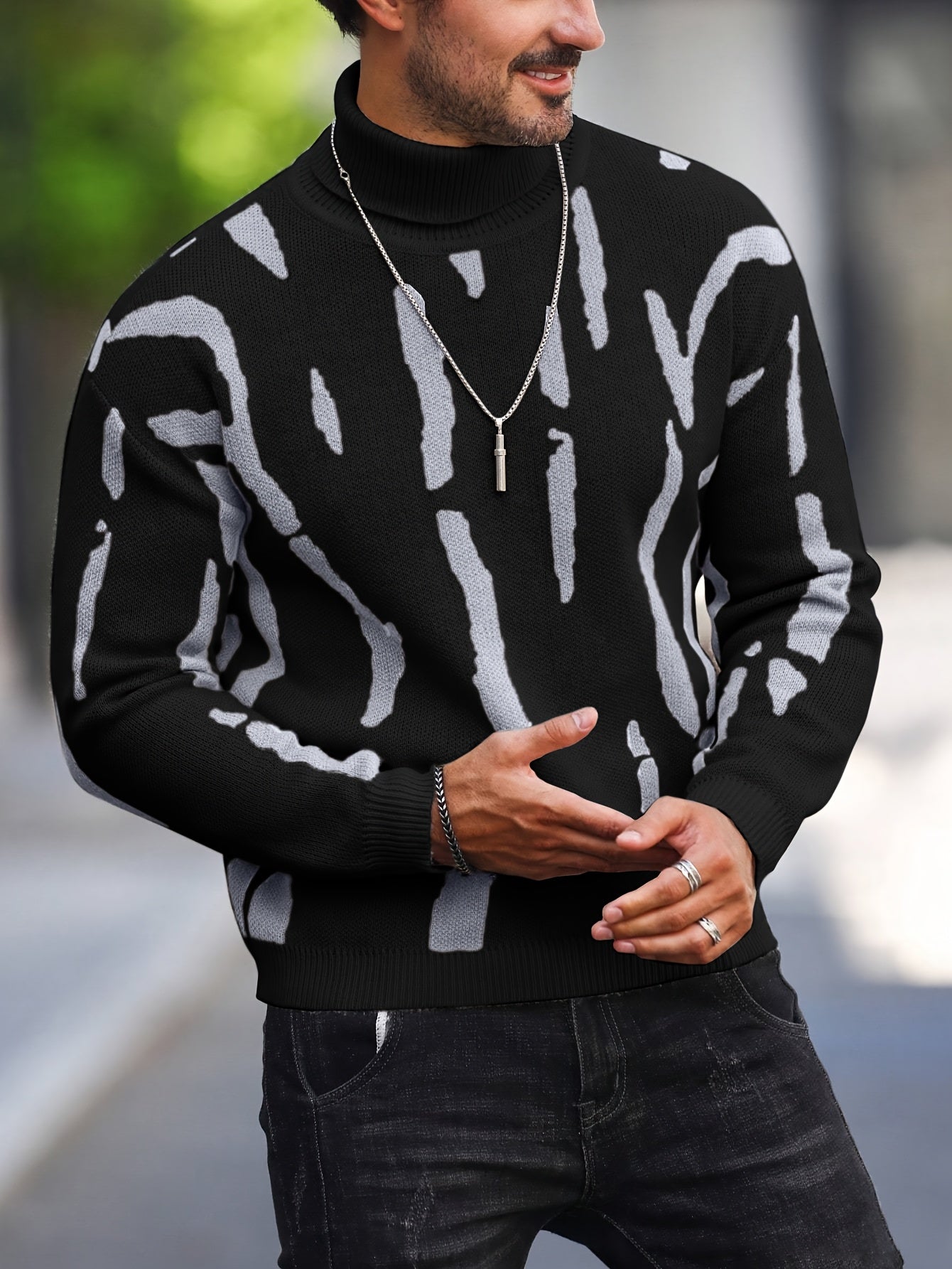 Men's Zebra Stripe Knit Sweater - High Neck Winter Pullover with Zebra Stripes, Warm Casual Sweaters for Weather, Hand Washable Fall/Winter Wardrobe Essential (Regular Fit)