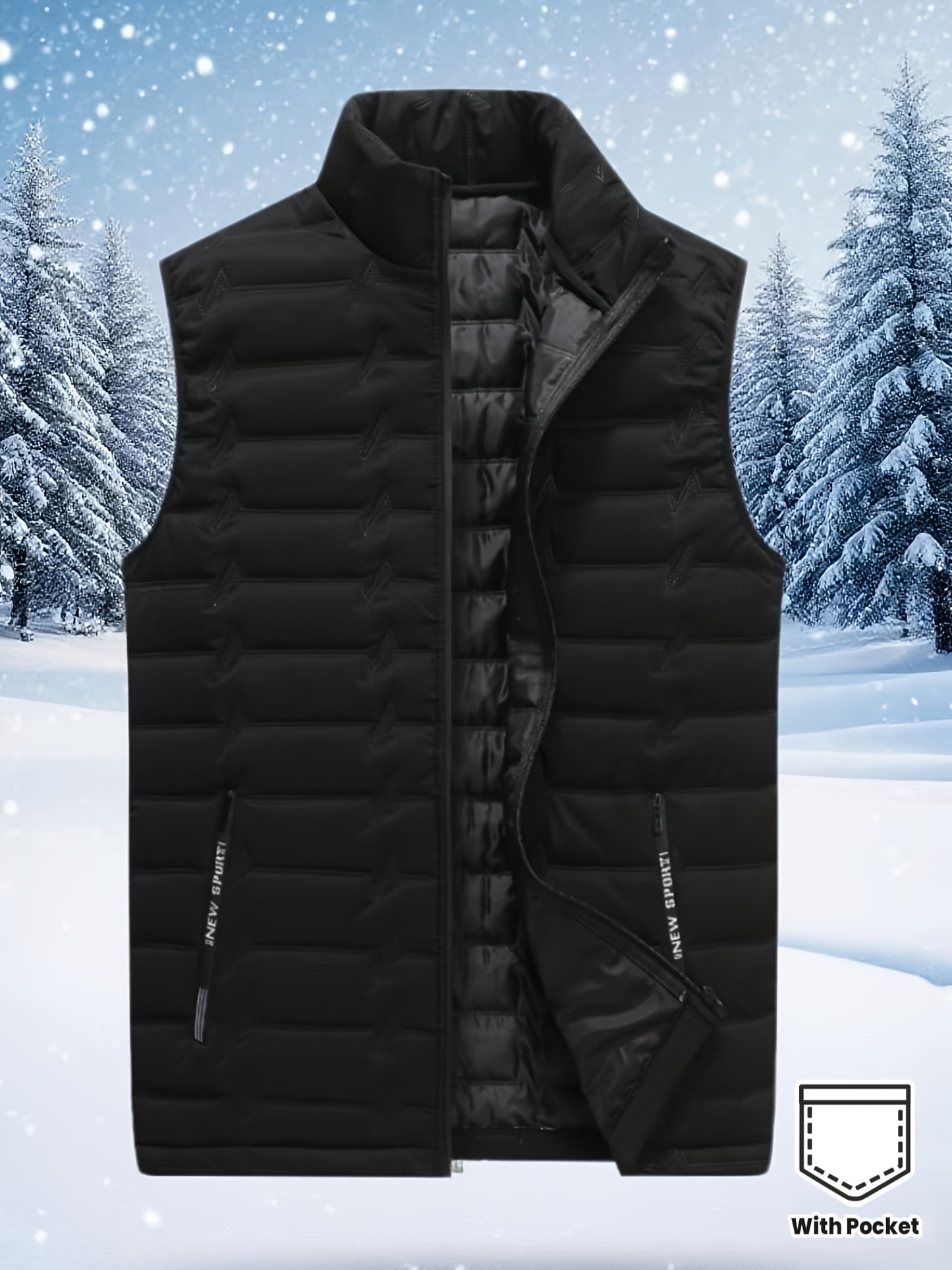 Men's Outdoor Sports Warm Vest Jacket, Stand Collar Multi-Pocket Practical Vest, Soundwave Technology Composite Print Windproof High Quality Sports Jacket - ayq
