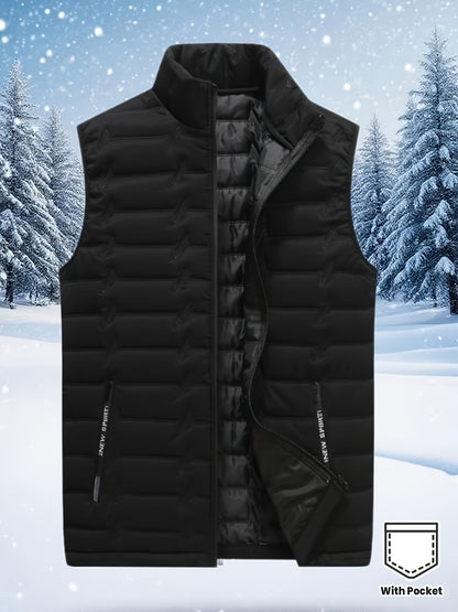 Men's Outdoor Sports Warm Vest Jacket, Stand Collar Multi-Pocket Practical Vest, Soundwave Technology Composite Print Windproof High Quality Sports Jacket - ayq