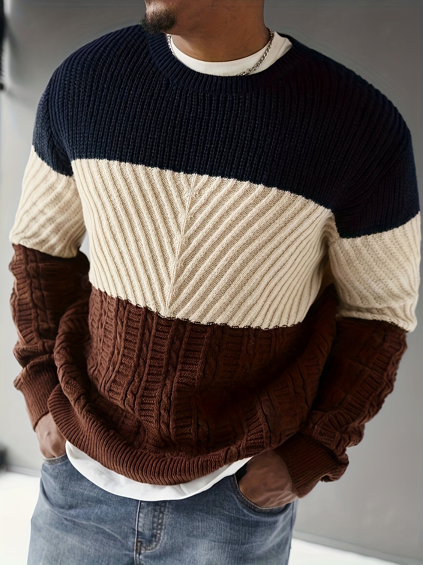 Տղամարդկանց աշնանային և ձմեռային նորաձև հագուստ, նորաձև առօրյա գունային բլոկներով տրիկոտաժե սվիտեր՝ բազմաֆունկցիոնալ կլոր վզով, երկար թևքերով դիզայնով