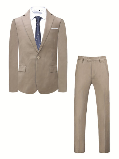 Men's Two-Piece Suit in Solid Color with Sealed Pockets, Regular Fit Suit Trousers, Elegant and Classic, Suitable for Business and Wedding Parties