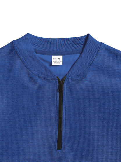 Men's Waffle Knit Zipper Shirt, Rib Collar Short Sleeve T-Shirt, Casual Breathable Summer Top - ayq