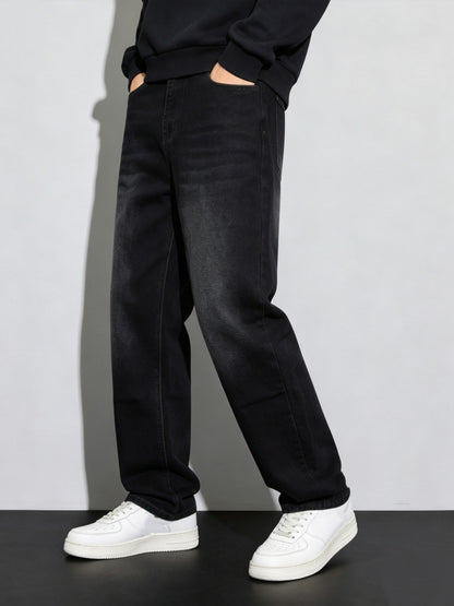 Boys' Black Washed Straight Leg Cargo Jeans, Soft Cotton Blend