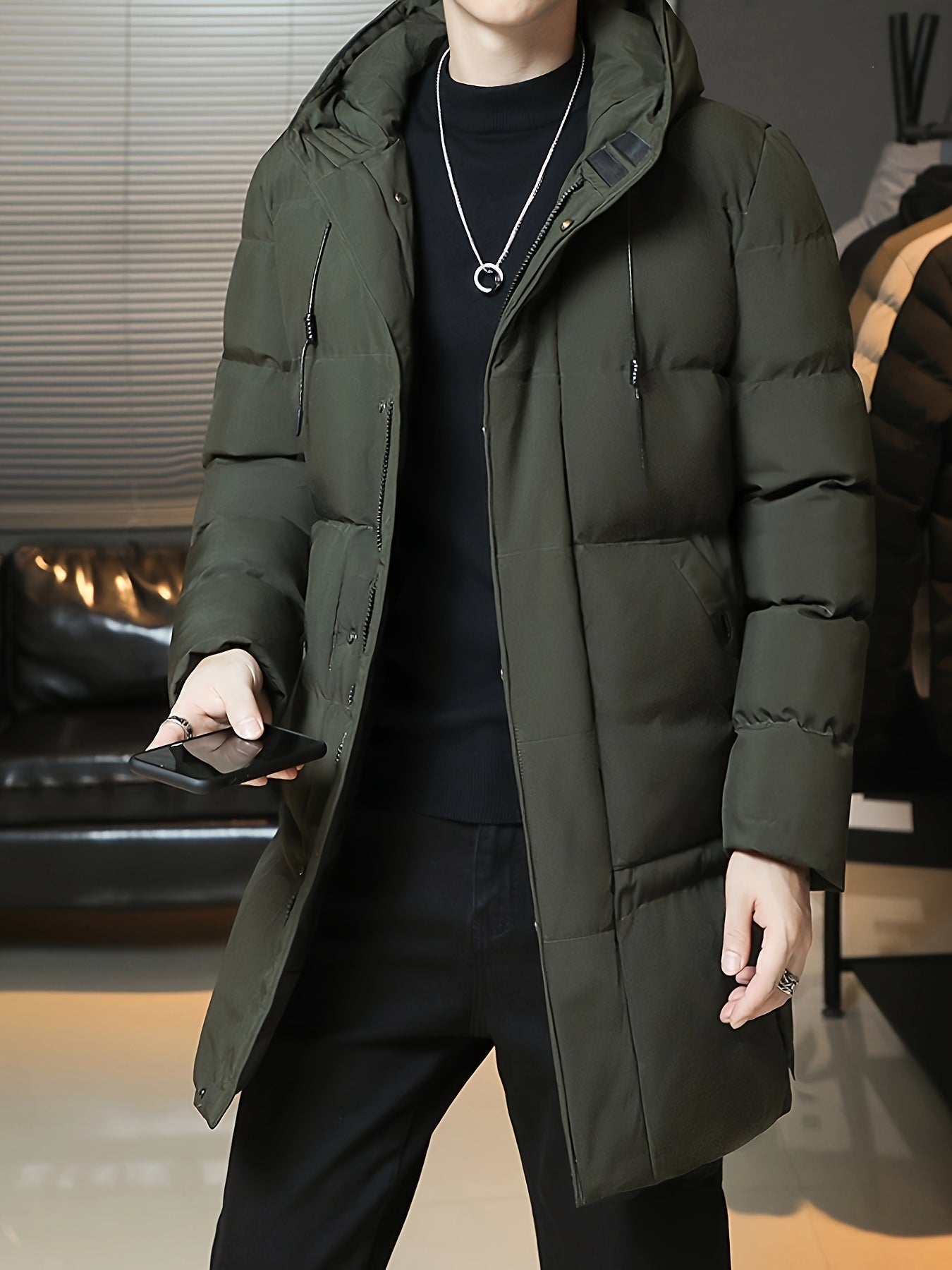Men's Winter Hooded Padded Jacket, Thickened Loose Fit Solid Color Zip-Up Padded Coat, Warm & Stylish Men's Outerwear