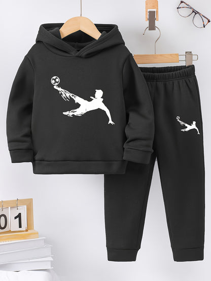 Autumn and Winter Fashion New 'asual Sporty Style Football Print Fleece-Lined Hoodie and Sweatpants Set, Suitable for Outdoor Activities, Casual Wear, Sports Apparel, Trendy Sportswear, Sporty Design, Warm Fabric, Soft Textur