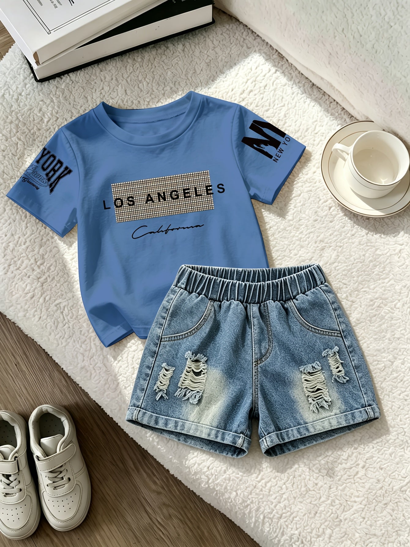 Summer Boys Los Angeles Print T-Shirt & Distressed Shorts Set