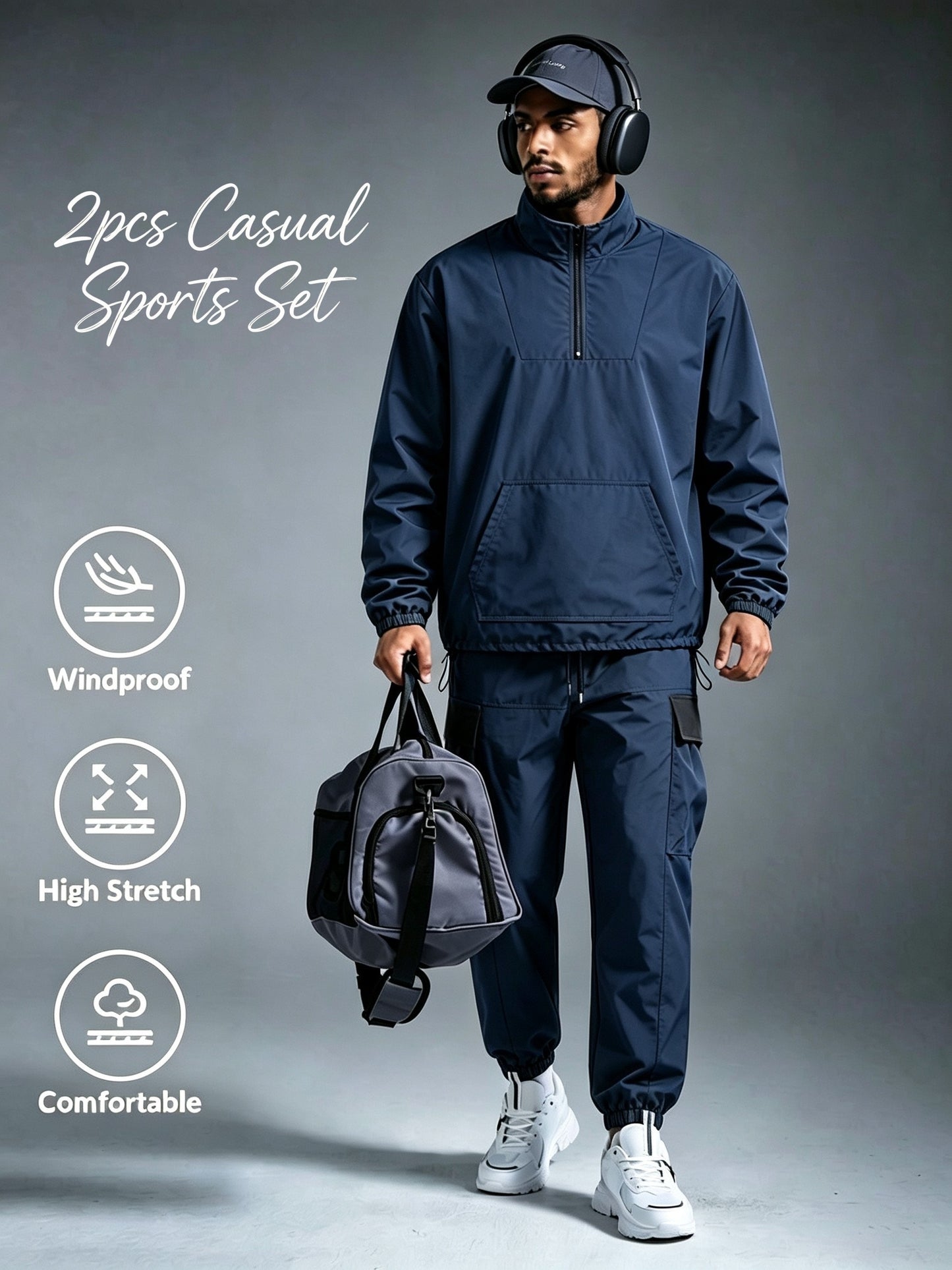 Men's Windproof Nylon Athletic Tracksuit Set with Cargo Pants