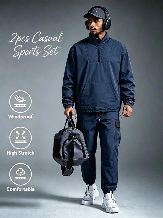 Men's Windproof Nylon Athletic Tracksuit Set with Cargo Pants