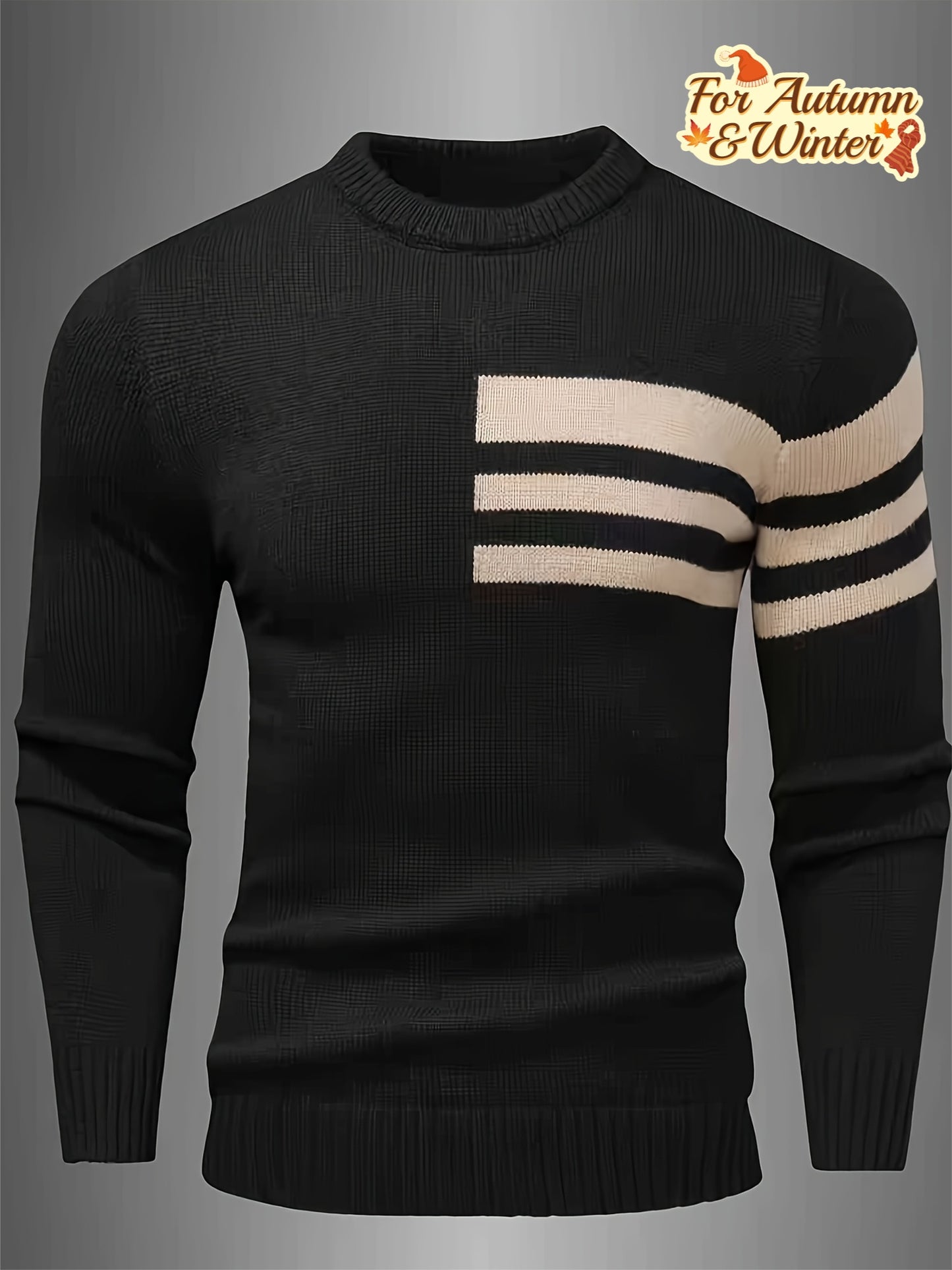 Men's Brown & Striped Sweater - Soft Round Neck Cable-Knit Winter Sweater with White Piping, Machine Washable Casual Pullover for Fall & Winter, Brown/Beige Horizontal Stripes, Ribbed Cuffs & Hem, Stylish Men's Sweater for Ev
