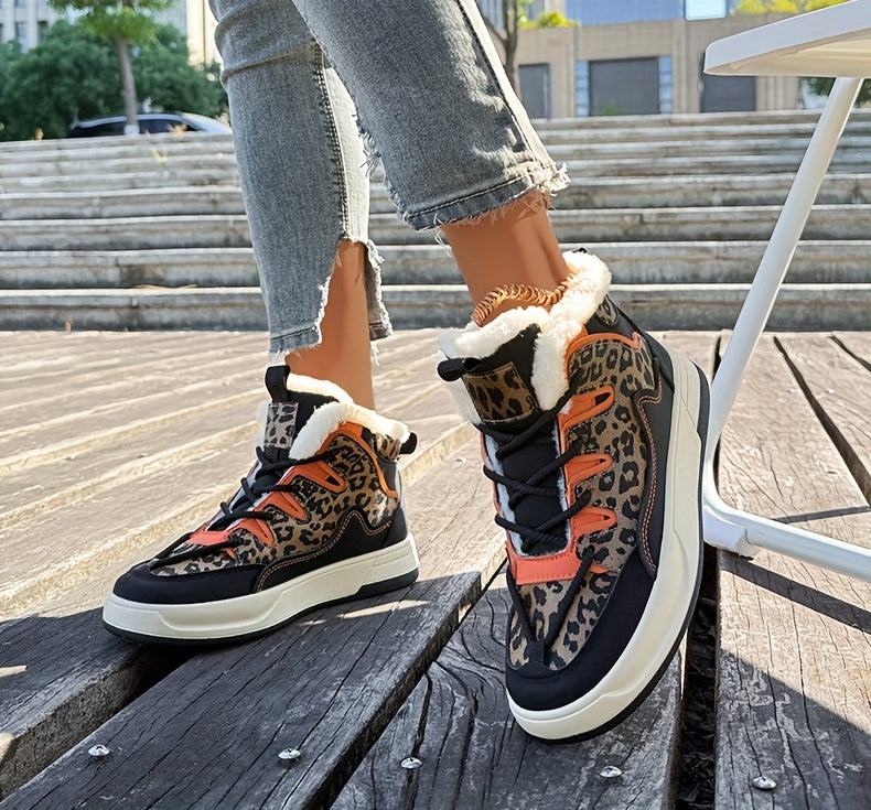Women'S Stylish Leopard Print Winter Sneakers - Warm Fleece-Lined Casual Shoes with Thick PVC Sole, Black & Orange Design, Perfect for Fall/Winter Outdoor Activities, Winter Sneakers | Leopard Print Shoes | Durable PVC Sole