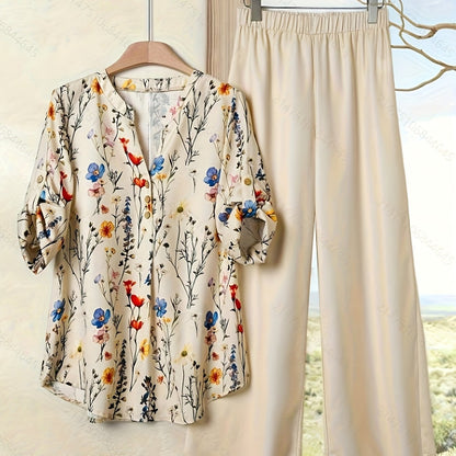Elegant Floral Print Blouse & High-Waisted Pants Set - Chic Green & White Floral Top with Ruffled Sleeves, Button-Front Design, and Wide-Leg Pants for Spring/Summer, Spring Summer Outfit | Floral Print Blouse | Buttonfront Bl