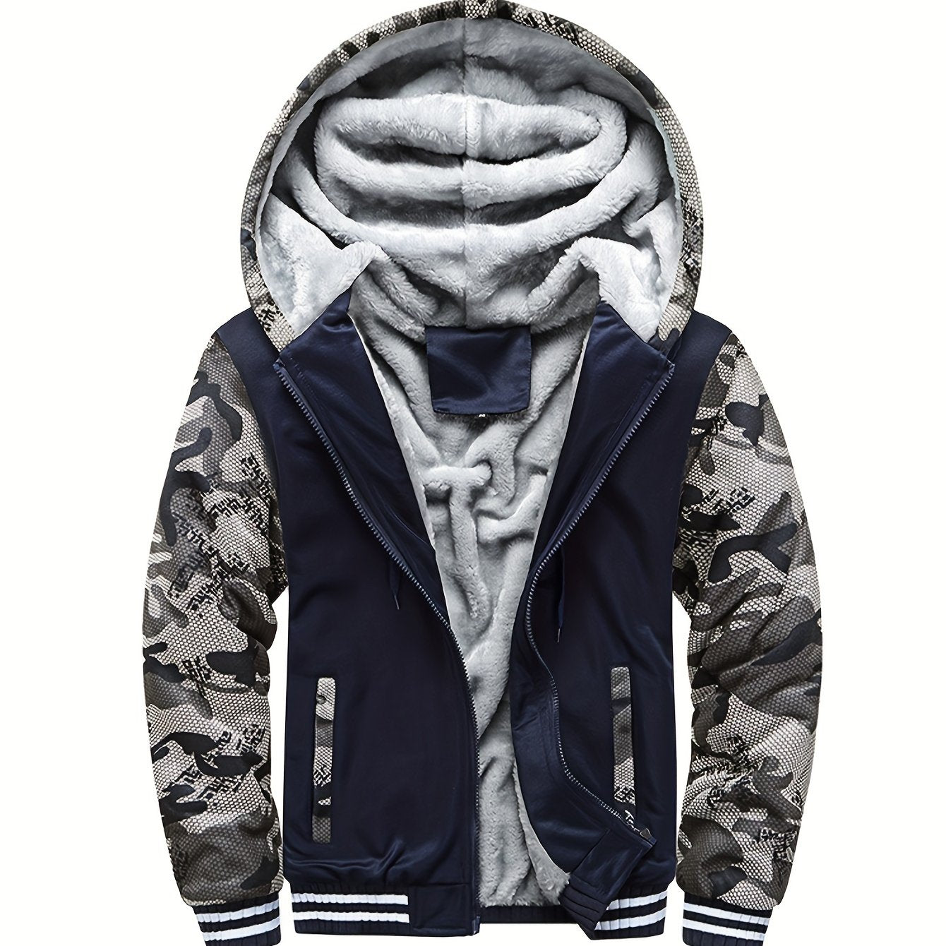 Color Block Sherpa Lined Men's Hooded Jacket, Casual Long Sleeve Hoodies With Zipper, Gym Sports Hooded Coat For Winter Fall